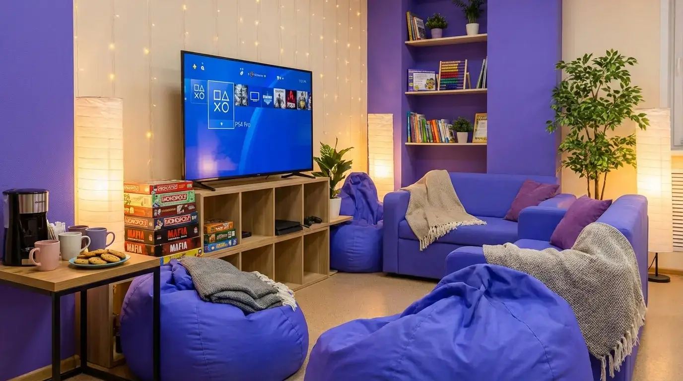 Игровая зона с PS4 и настольными играми в образовательном центре okku